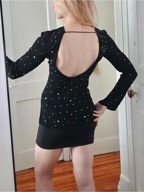 Zara Black Scoop-Neck Long Sleeve Top with Silver Dot Accents XS